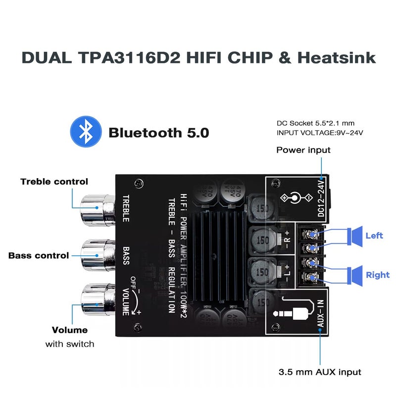 Hosyond لوحة مضخم الصوت ZK-1002T 100W+100W مع تحكم في الترددات العالية والمنخفضة 2.0 قناة ستيريو لمضخم الصوت بلوتوث لتجميع مكبرات الصوت في المسرح المنزلي - Image 2
